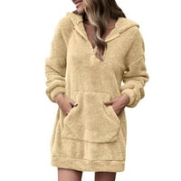 Žene Casual Solid Color Plish s kapuljačom sa kapuljačom sa zatvaračem s dukserom V-izrezom, haljina s dukserom mini haljina sa džepom Khaki XXL