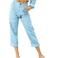 Dianli Casual Hlače Čvrsta ragularna modna pamučna posteljina maslačka ispis elastike s džepom udobne opuštene fit ravne vanjske hlače za žene visoke struke svijetlo plave boje