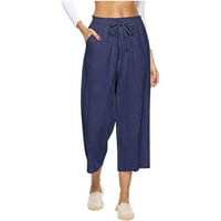 Zkozptok ženske hlače udobne plus veličine pamučne posteljine joga hlače ležerne dukseve široke noge džepove labave pantalone, mornarice, s