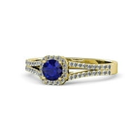 Blue Sapphire i dijamantni halo zaručnički prsten 1. CTTW u 14K žutom zlatu .Size 4.5