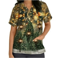 Božićne majice za žensku modnu novost Xmas Tree Ispis V izrez Kratka rukavska medicinska sestra Radne uniforme piling vrhovi sa džepovima