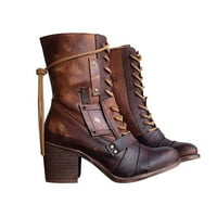 Čizme za gležnjeve za žene - cipele čipke midne pete za zakovice patentne modne cipele srednje kožne čizme Brown 40