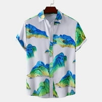 Muški uređeni ispis Regularni fit bluza Dugme dolje majice Odmor za odmor Rever Thirts Havajski kratki rukav bez džepa plavog xxl