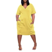 Ljetne haljine za žene Ljeto plus veličine V izrez kratki rukav džep za koljena Soild boja casual haljina za žene žuti xxl