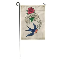 Plava stara škola stila tetovaža gutanja i ruža Crvena okućnica za zastavu Baner zastava