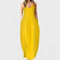 CETHRIO Ljetna haljina za žene - modni remen Srednji struk V-izrez bez rukava bez rukava na plaži duga haljina žuta