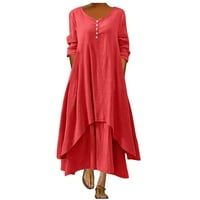 Pamučna haljina plus Veličina haljina za žene za žene Elegantne crvene haljine Crewneck Ženska modna gumba Dug haljina Half haljina haljina s kratkim rukavima haljina s dugim rukavima