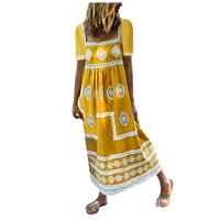 Outfmvch boho ljetna haljina žuta haljina Boho Print U-izrez Kratki rukav Big Swing Maxi haljina cvjetna