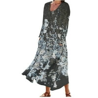 Haljine za majicu za žene cvjetna tiskana posada izreza s dugim rukavima Labavi carstvo casual casual midi haljina s džepovima sive s