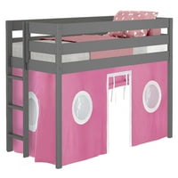 Jackpot Savremeni nisko potkrovni krevet s krajnjim ljestvicama, Twin, Siva s ružičastom i bijelim šatorom