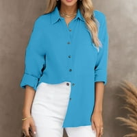Ženska pamučna gumba dolje majica casual dugih rukava labav fit ovratnik platna bluza s džepom