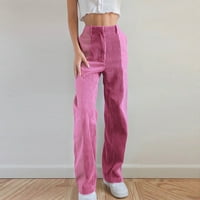 Sehao Fashion ženski visoki struk tanki corduroy ravne cijevi casual pantalone, ružičasti l
