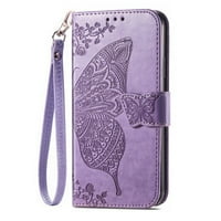Reljefni leptir dizajn Flip Folio Cover za iPhone Plus - PU kožna futrola s držačem kartice - svijetlo ljubičasto
