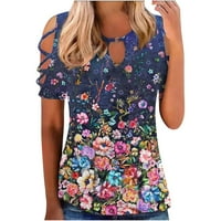 Ljetne košulje za žene cvjetni print vrhovi majica za ključanice sa ramenom odjeću za djevojčice kratkih rukava comfy casual tunika bluze plavi popust