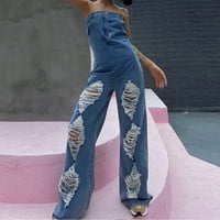 Haxmnou ženski casual trend klasični vintage traper duge hlače za kombinezon plave m