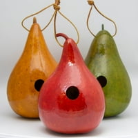Gourd Birdhouses - Bojani gurški umjetnost - crvena - žuta - Spring Green - Set od 3
