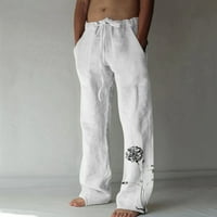 TAWOP White Hlače Muške ljetne pamučne pamučne posteljine široke pantalone za noge tiskane čipke za