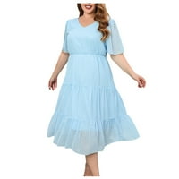 Ženske ljetne haljine za žene Solid srednje dužine V-izrez Boho kratki rukav sunčani haljina plava 3xl
