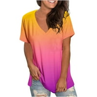 Bigersell Womens Ležerne vrhove Ženska modna tiskana Ležerna majica s kratkim rukavima V-izrez Tops Big & Visoki čipke Square Square Stil B45502, Žuta S