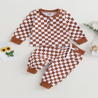 Eyicmarn Toddler Boys Fall Outfit Checerboard Print Crew Crt Dukserice dugih rukava i elastične struke Duge hlače Set odjeće