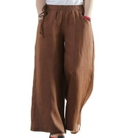Ženske posteljine hlače velike struk široke noge za pantalone hlače dame dame casual labave pantalone s džepovima veličine S-3XL kava s