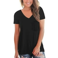Miayilima crna majice za žene Casual Comfort V-izrez Jednobojni džep labav fit majica kratkih rukava