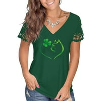 Ženski vrhovi Ženski modni ljetni V-izrez čipkasti kraj kratkih rukava sv. Patrickov dan tiskani majica tunika tamno zelena l