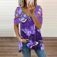 Ženski bluze Ženski modni casual labav ispis kratki rukav V-izrez patentni zatvarač s gornje rame