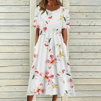 Ljetne haljine za žene cvjetni tiskani okrugli vrat midi haljina sa džepovima Casual Lease Care Line Flowy Srednja dužina Drsss Plaža Sun Haljina Stil D1, Pink XL