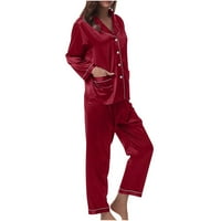 Bezolor ženska svila satena pidžama Ležerna dugmeta dugih rukava prema doljim vrhovima i hlačama postavljaju spavanje s džepovima