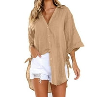 Ženski Ljeto Plus Veličina V Vreći za rukav Slorodajni posteljina bočni majica Bluza sa Botton Beige 3xl