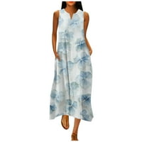 Haljine za žene Ženski A-linijski grafički print V-izrez Maxi džep labav A-line haljine Sky Blue XXL