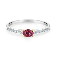 Gem Stone King 0. CT Round Pink Tourmaline G-H Lab Grown Diamond 10k bijeli zlatni prsten sa žutim zlatnim zupcima