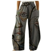 Žene casual visoke strukske hlače za vuču Comfy elastične struke hlače tiskane posteljine duge pantalone s džepovima