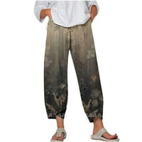 Ženske pamučne pantalone sa džepovima Boho Comfy High Squar Cvjetni print Kućice Capri hlače Palazzo