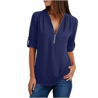Košulje za žene, ženski ljetni vrhovi, patentni zatvarač V-izrez šifonske bluze plus veličina čvrsti dugi rukav valjani majica Poslovni povremeni radni tunik Vrh
