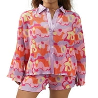 Žene proljeće ljeto pidžama set tiska majica za blube s dugim rukavima + labave hlače za spavanje salona