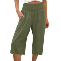 Capristerne pantalone za žene Ležerne prilike pune pamučne posteljine elastične struke duge hlače za nogu Baggy Loose Beach pantalone sa džepovima