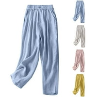 Žene široke hlače za noge Pamuk posteljina Visoki uspon čvrsti klirens sa džepovima Khaki Juniors Dužina