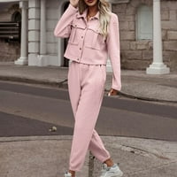 USMIXI ponude Ženski salon set Outfits za žene pleteno dugme rever jakna i široka noga dugačka pantnija