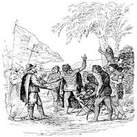 Columbus: Kuba, 1492. na matičnu indijsku kaciku Kube pozdrav Christopher Columbus 1492. graviranje,