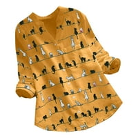 Ichuanyi ženski vrhovi, ljetno čišćenje Žene Ležerne prilike Cat Print s dugim rukavima V-izrez Dugme Labavi majica
