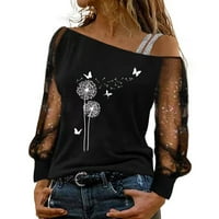 Dyfzdhu majica za žene casual d andelion tisak mreža dugih rukava hladna ramena majica bluza