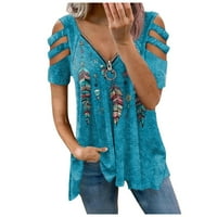 Ženski ljetni vrhovi bluza cvjetni kratki rukav povremene ženske majice Henley nebo plavo l
