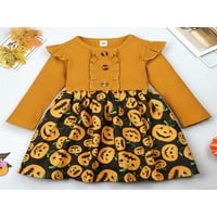 Binweede Dječja djevojka Halloween haljina, dugi rukav za posade za krastavca s rebrastim puckin print patchwork a-line haljina