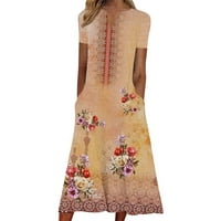 Ženski džepovi Midi haljine Ljeto cvjetni print V-izrez kratki rukav majica Sundress Loose casual a-line