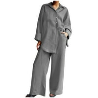 LHKED Cleariance Žene odgovaraju pamučnom čvrstom gumbom dugih rukava s dugim rukavima i hlače koje se postavljaju sa džepom