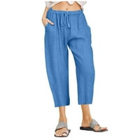 Zkozptok Ženske hlače Plus size Pamuk posteljina Comfy casual paušalice Labavi pantalone džepovi, plavi,