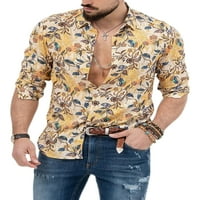 BEIWEI TOPS majice za mens gumb dole reverzni izrez Tunika košulje Cvjetni print dugih rukava Slim Fit Ležerne bluza tunika žuta 2xl
