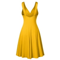 Ženska plus veličina V-izrez Retro Sling Pleated Slim Flare suknje Dresse Womens Haljine Mali žuti XXXL